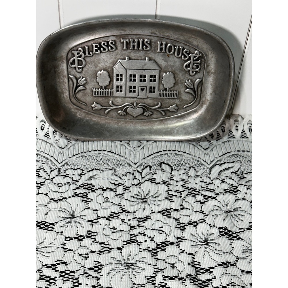 Vintage Bless This House Pewter Style Metal Bread Tray Trinket Dish Farmhouse